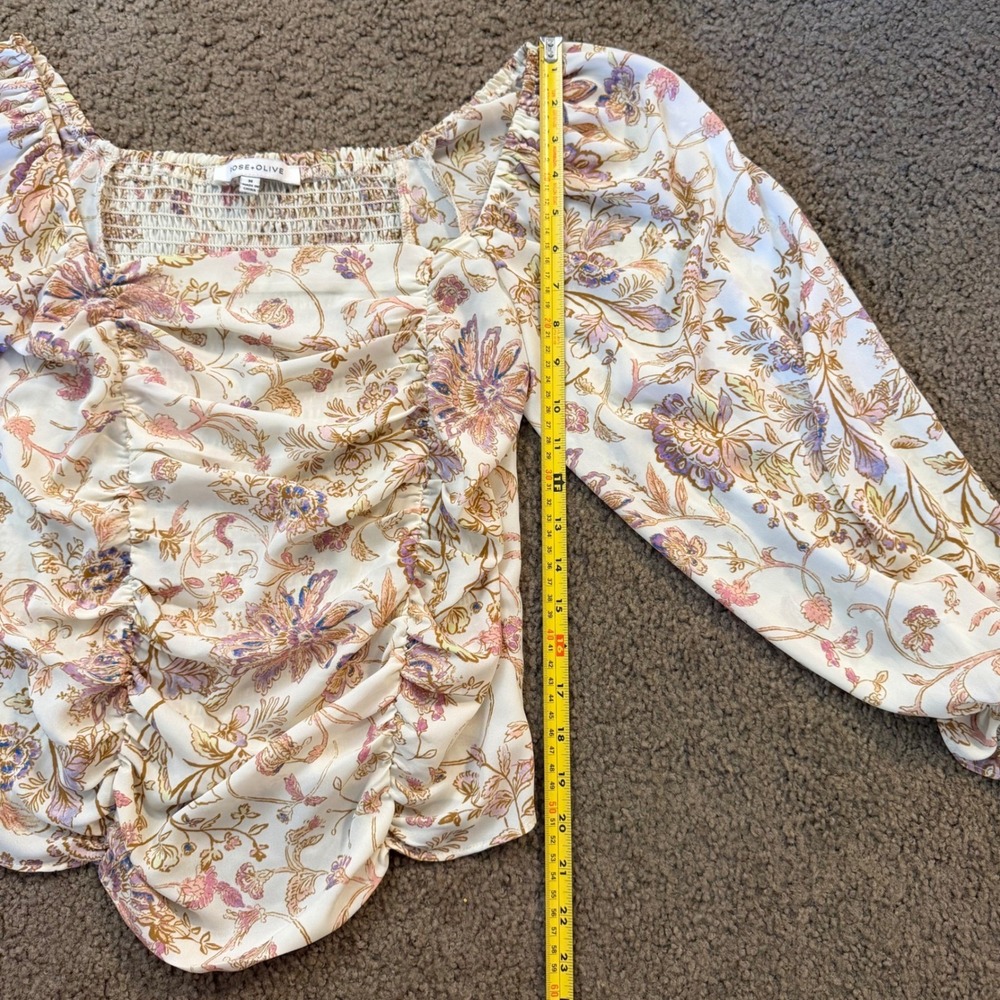 Rose + Olive Floral Blouse Medium Ruched Square Neck Puff Sleeve Cream Boho - Picture 5 of 7